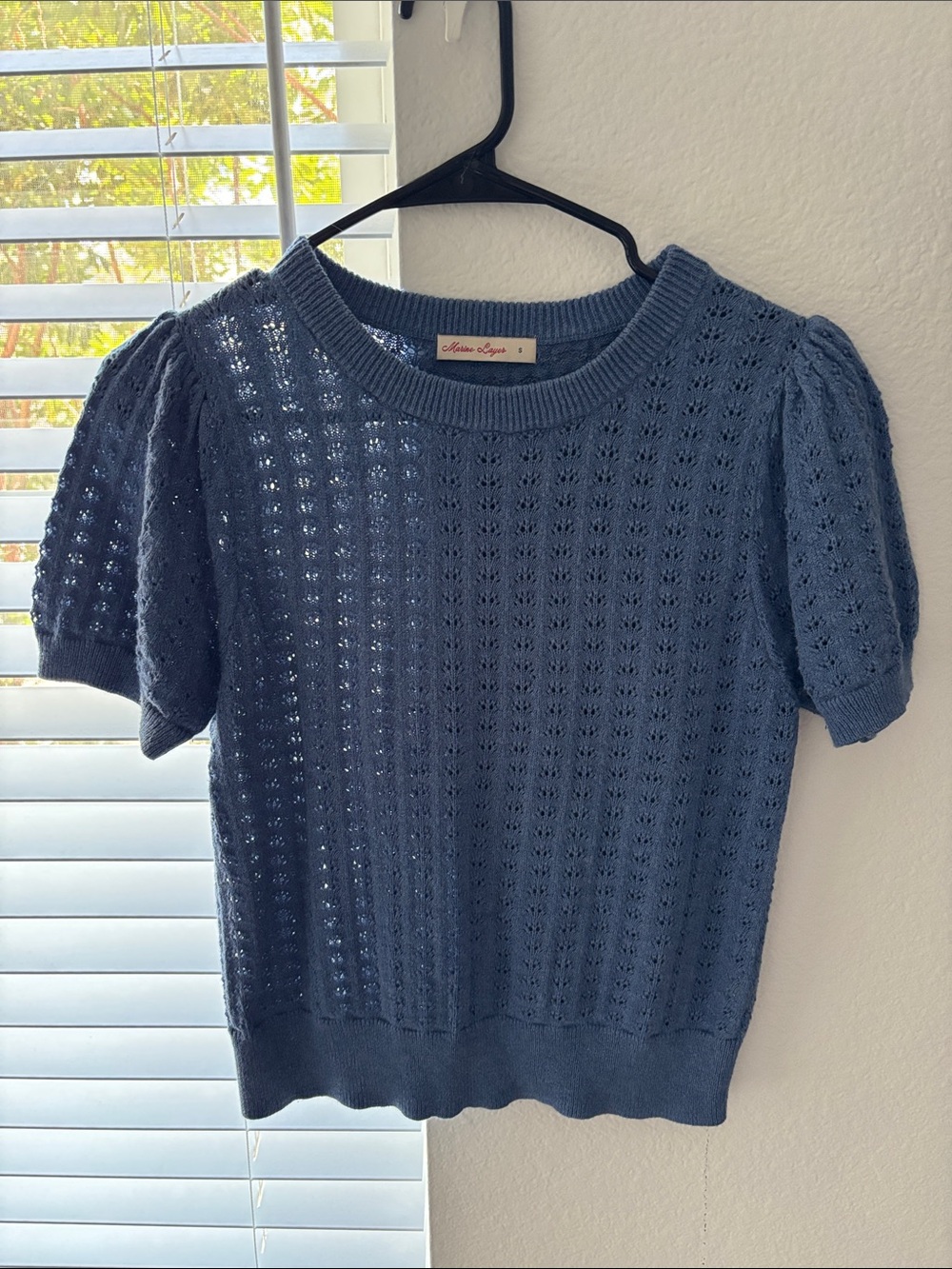Blue Knit Puff-Sleeve Sweater Top